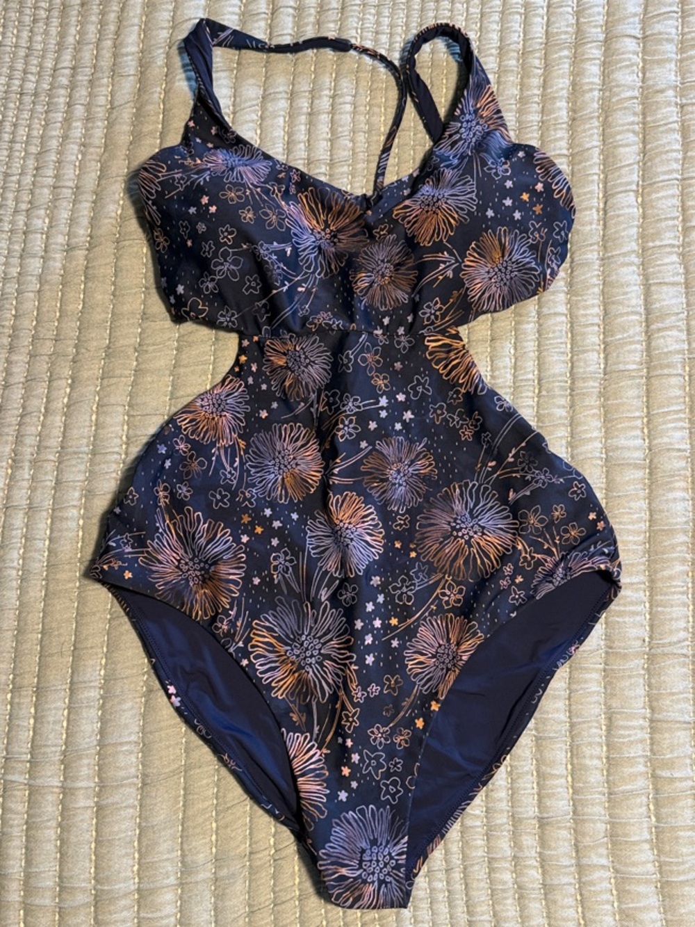 Title Nine Navy One-Piece Swimsuit with Coral & Light Blue Floral Print